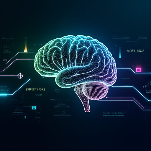 A futuristic visualization of machine learning and AI, showing interconnected neural networks with glowing nodes and data flowing through pathways. Include visual elements like floating data points, mathematical equations, and algorithmic patterns in the background. Show a digital brain or network structure with flowing streams of colorful data (blue, green, purple gradients). Add subtle elements suggesting prediction and automation: charts showing upward trends, decision trees branching out, and geometric patterns representing complex algorithms. The overall aesthetic should be modern, technological, and sophisticated with a dark background and luminescent accents. Style: digital art, high-tech visualization, clean and professional.